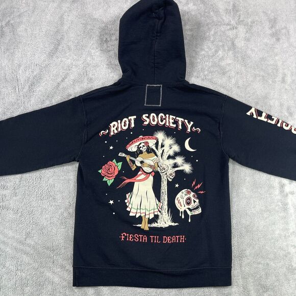 Riot Society Hoodie Men Small Back Cotton Fiesta Til Death Skulls Tress Pullover - Picture 2 of 12